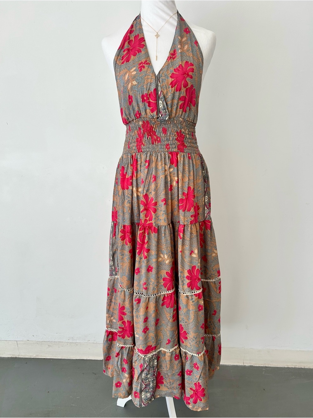 Smocked Halter Maxi Dress with Pink Floral Print